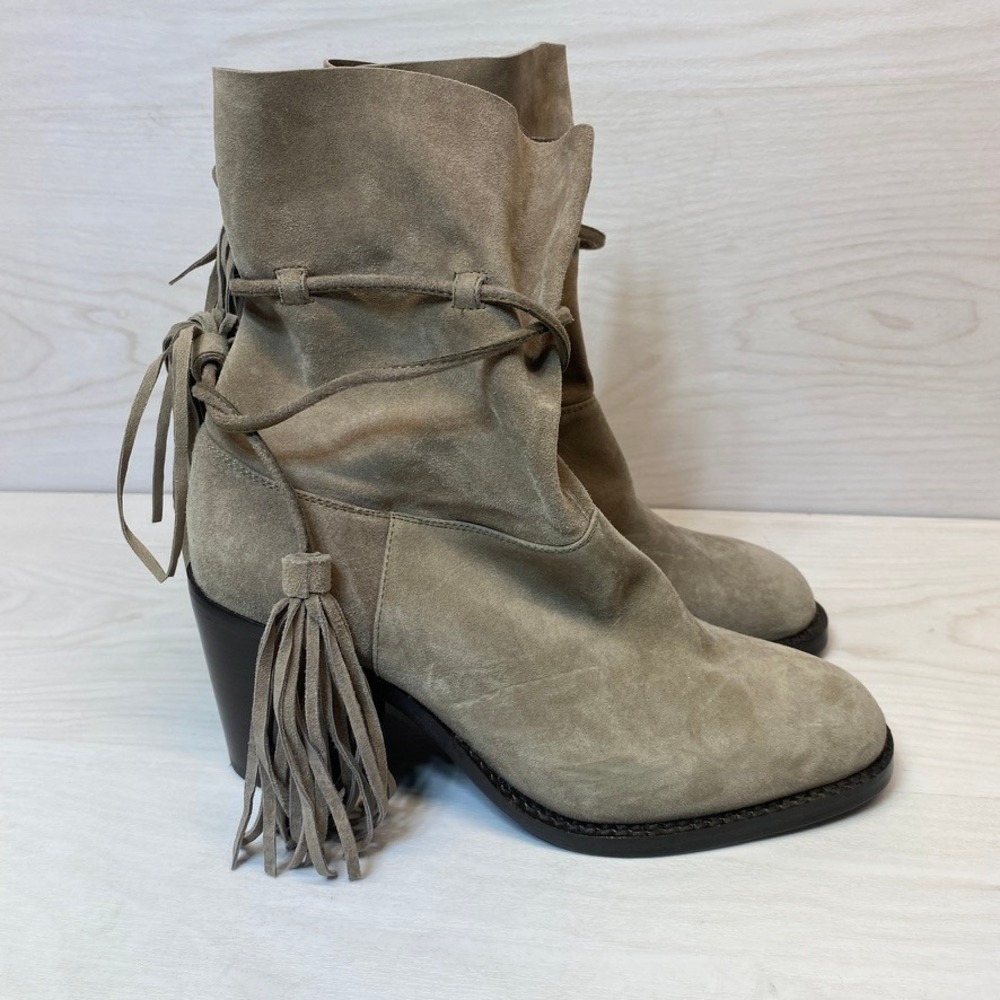 Jeffrey Campbell Womens 7.5 Ankle Boots Western Suede Tassel Taupe Grey‎ Boho